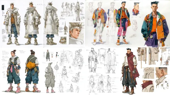 尼克的超详细人设设计草图，白色背景，包含复杂设计过程与英文尺寸说明，多视角缩略图增加深度，水彩融合水墨，沙漠旅人风格的长风衣与机械罗盘，国风奇幻结合现代街头气息，特写，动态感强，超高细节。