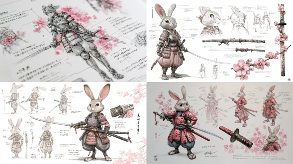 来自《疯狂动物城》的朱迪·霍普斯超详细人设草图，白底，英文标注拆解武士护甲与剑柄设计，多角度展示拔剑、劈砍和静立姿势，水彩淡粉与水墨灰影融合，护甲刻有樱花雕饰，浪漫与战斗张力并存，特写，高细节。