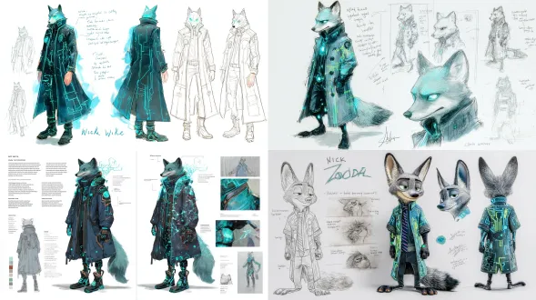 来自《疯狂动物城》的尼克·王尔德未来都市人设草图，纯白背景，英文结构说明，多缩略图展示霓虹夜街场景，水彩蓝绿与水墨黑影交融，大衣带发光线路纹理，赛博朋克策士气质，特写，高细节。