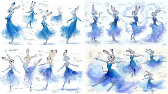 来自《疯狂动物城》的朱迪·霍普斯舞者人设草图，白底背景，英文注释详解裙装结构与饰品细节，多视角展示舞姿，水彩天青与水墨烟紫渐变，裙尾似云雾飘逸，空灵优雅，特写，高细节。