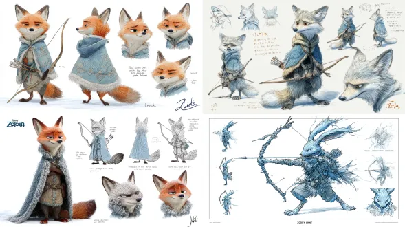 来自《疯狂动物城》的尼克·王尔德北境猎手人设草图，白底，英文说明披风毛皮织法，多角度缩略图展现持弓潜行状态，水彩冰蓝与水墨冷灰融合，寒域猎手气质，毛皮细节精准刻画，特写，高细节