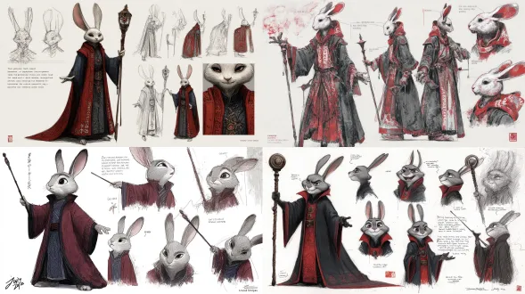 来自《疯狂动物城》的朱迪·霍普斯暗黑审判官设定草图，白色背景，英文说明法杖与长袍结构，多缩略图呈施法姿态，水彩血红与水墨暗影融合，披风边缘刻符文，暗黑美学风格，特写，高细节。