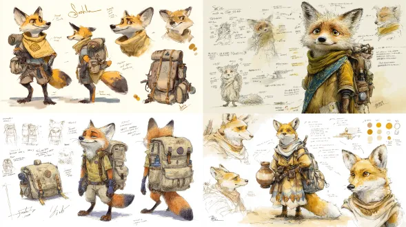 来自《疯狂动物城》的尼克·王尔德砂尘旅者草图，白底，英文拆解背包与防护装备细节，多角度展示沙地跋涉动作，水彩黄褐与水墨尘影融合，披肩挂古徽章，探险气质浓烈，特写，高细节。