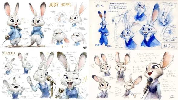 来自《疯狂动物城》的朱迪·霍普斯舞台歌者设定草图，白色背景，英文标注明细麦克风与演出服材质，多视角展示舞台不同表情，水彩图虹与水墨柔影结合，耳尖佩戴微型灯饰，明星气场十足，特写，高细节。