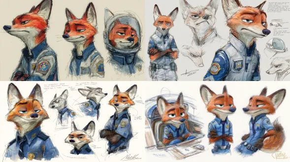 来自《疯狂动物城》的尼克·王尔德科幻领航员设定草图，白色背景，英文说明制服装置，多视角展示驾驶舱姿态，水彩金属银与水墨深蓝融合，胸前徽章闪亮，科幻领航员气质，特写，高细节。