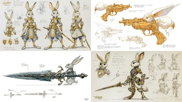 来自《疯狂动物城》的朱迪·霍普斯鎏金裁决者设定草图，白背景，英文说明武器与护甲雕刻，多角度展示战斗姿势，水彩图金与水墨黑结合，藤蔓雕纹精致，威严而锐利并存，特写，高细节。