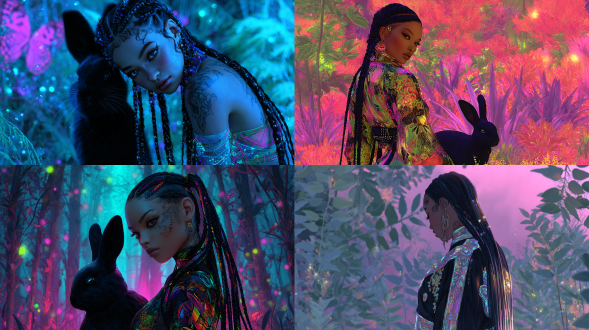 黄昏时分神秘的霓虹森林，生物发光植物发出青色、紫色和粉色的光，轻柔飘动的微粒，梦幻般的光线，有着深色长辫子和发光身体彩绘的年轻女子转了一半身，仿佛感觉到身后有什么，微妙的安静领悟表情，服装上有复杂的虹彩图案，温暖的光线照在她皮肤上，黑色兔子站在她身后，大眼睛，静止而诡异的平静姿态，影子在它周围微微弯曲，兔子身后有 faint 的闪烁扭曲（像现实轻轻裂开），没有字面意义的门，超现实的大气光泽，绘画风格的动画样式，超细致， vibrant 的颜色，平滑的渐变，柔和的薄雾，电影般的景深，高分辨率垂直构图，明亮的插画卡通风格，现代锐舞女孩版爱丽丝梦游仙境，她全身有许多灵性的身体纹身，深棕色的节日女孩，有闪光妆容和小珠辫，头发有凉爽的霓虹高光条纹，穿着有发光点缀的彩色飘逸锐舞服饰，富有表现力的大卡通眼睛，柔和的轮廓，鲜艳的颜色，站在神秘的全黑装扮、戴紧身黑手套的黑兔子角色身旁，两人都看向下方发光的霓虹兔子洞，神奇的柔和色彩灯光，魔法森林与 edm 音乐节氛围融合，柔和的渐变，干净的线稿，高度吸睛的卡通美学，超细致但俏皮