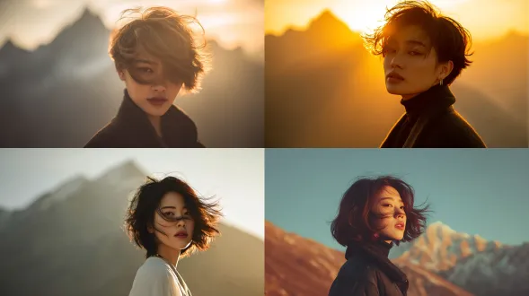 一位20岁左右的中国女性的正面影像。短发在风中飘动。动作放松优雅，捕捉转瞬即逝的瞬间。日出时阳光沐浴着玉龙雪山的金顶，山顶被温暖的金色笼罩——与下方山脉的凉爽柔和色调形成鲜明对比。构图以她为中心。超细节超写实纹理，精致的对比和色调和谐。强烈的放松动作和专注享受感，高级广告活动美学，标志性且情感共鸣的氛围。动作放松优雅，捕捉转瞬即逝的瞬间。