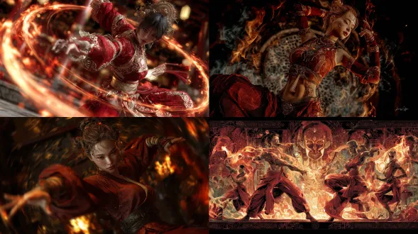 战锤风格火女神，功夫僧侣服饰，动态战斗姿势，幻想神庙背景，细致面部表情与逼真手部细节，新艺术风格装饰，暗红色调，火焰环绕，发光符文，锐利眼神，金属质感，高光反射，动态模糊，全景构图，侧逆光，深邃阴影，精细雕刻，华丽纹饰，神秘氛围，力量感