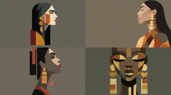 一位戴着醒目耳环的南美单身女性，带有几何色块，采用金赭色与赤陶色色调，有着棱角分明的极简主义面部设计，呈现立体派抽象风格，属于风格化写实主义，是优雅现代的数字插画，背景为纯色灰褐色