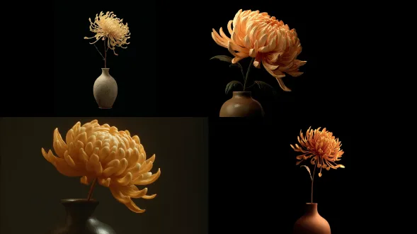 一朵小巧的风格化菊花，呈现温暖的金黄色调，带有小巧的分层花瓣。一根纤细的垂直花茎置于完全可见的哑光磨砂中式花瓶中。黑色背景，伴有温暖的朦胧氛围。具有优雅的风格化3d效果。