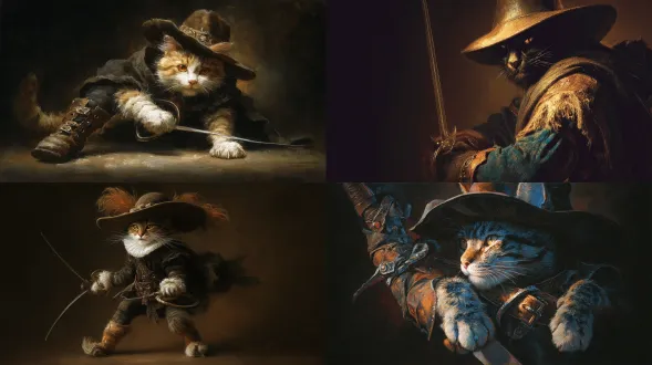 一幅伦勃朗风格的绘画，英勇的猫穿着高筒靴，宽边帽拉低，爪子握剑，自信姿态，戏剧性光线，暗调背景，暖金色点缀，强烈明暗对比，油画质感，冒险氛围，童话风格，细节丰富，动态阴影，剑鞘金属反光，眼神锐利，深色斗篷，复古色调，神秘感，英雄气概。