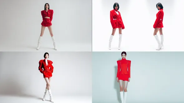 "美丽韩国女性模特，红色时尚短外套、红色内搭、红色短裙，白色靴子，巴黎世家风格，夸张时尚，高细节，白色背景，全身照，冷色调，正面光，高端时尚摄影，锐利焦点，自信表情，优雅站姿，强烈色彩对比，简约构图，超高清细节，模特直视镜头，高级感，现代感"