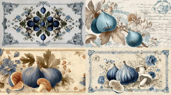 一幅色调为蓝色和棕色的精美复古标签图像，展现优雅的无花果与蘑菇，伴有精致花卉元素及细微装饰边框，呈现精致的复古与普罗旺斯风格，背景是柔和纹理的纸张，高细节，无生硬轮廓，具怀旧美学