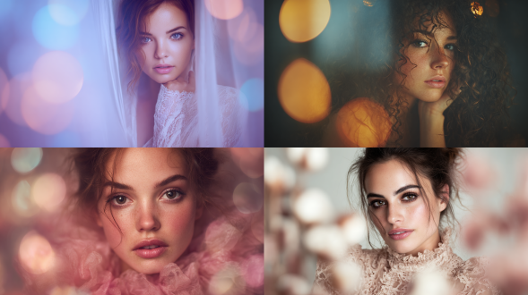 beauty portrait where the key light is wrapped in stretched silk, absorbing harshness, giving skin a milky glow, pastel bokeh spheres floating around, sony a1 + 135mm gm