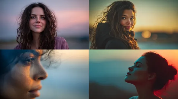 portrait with a warm sunset-like wash across the face, contrasted by cool bluish haze in background, pastel color harmony, dreamy softness, nikon z9 + 58mm f/0.95