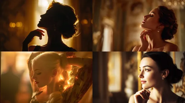 elegant pose with tilted head and gently lifted hand, soft golden side-backlight shaping the silhouette, rococo softness in the background blur, pearlescent highlights, 85mm f/1.4, cinematic depth