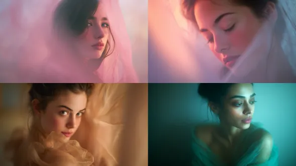 beauty portrait illuminated only by feathered sidelight softened through silk fabric, pastel air haze around contours, edges dissolving into mist, canon r5 + 85mm f/1.2, ultra-shallow depth, emotion painted in luminous blur, cinematic pastel atmosphere