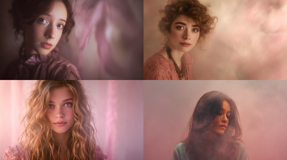 beauty portrait with a soft, powdery mist background in muted rose-beige, blurred into watercolor haze, light softly ricocheting into the shadows, canon r5 + 85mm f/1.2, cinematic pastel diffusion