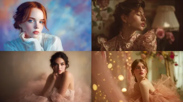 soft diffused lighting, warm tones, pastel palette, ethereal glow, cinematic softness, beauty portrait, 85 mm f/1.4, elegant posture, delicate focus, painterly background.