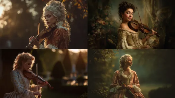 woman in rococo dress holding a violin, soft rembrandt lighting, golden hour tone, painterly background, f/1.4-f/2.8 for gentle blur, iso 100–200, shutter 1/160 s