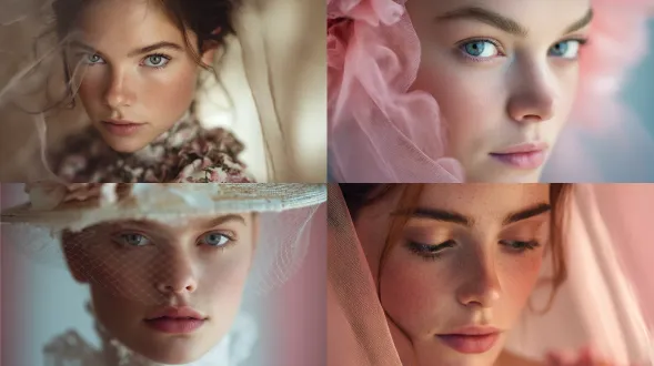 a beauty portrait softened by a thin veil of chiffon, delicate shadows blooming across the skin, gentle pastel echoes behind the silhouette, sony a1 + 135mm gm