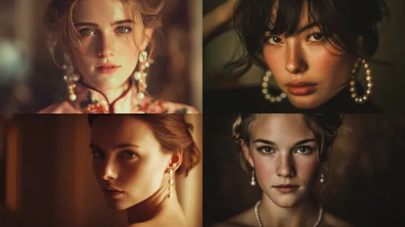 ethereal portrait with pearl earrings, warm cinematic tone, f/1.4-f/2.8 for gentle blur, iso 100–200, shutter 1/160 s
