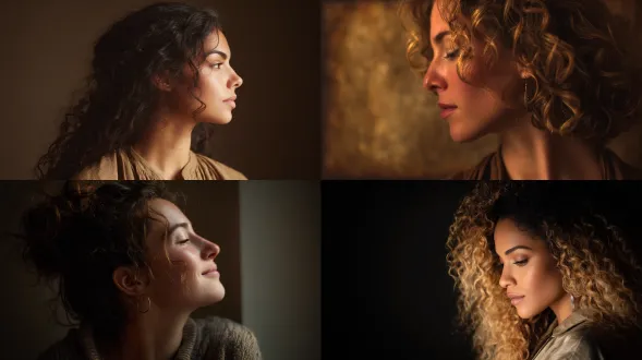 side profile with cascading curls, rembrandt glow, muted beige palette, f/1.4-f/2.8 for gentle blur, iso 100–200, shutter 1/160 s