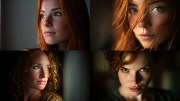 red-haired woman against neutral backdrop, window light painting her skin, f/1.4-f/2.8 for gentle blur, iso 100–200, shutter 1/160 s.