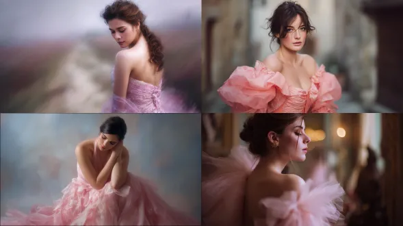 portrait in pastel gown, background softly blurred, painterly mood, f/1.4-f/2.8 for gentle blur, iso 100–200, shutter 1/160 s