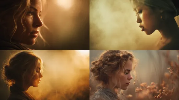 a serene profile bathed in diffused golden mist, background whispering warm beige tones, the gaze soft and contemplative, cinematic tenderness 85mm f/1.2, canon r5 + 85mm f/1.2, cinematic pastel diffusion