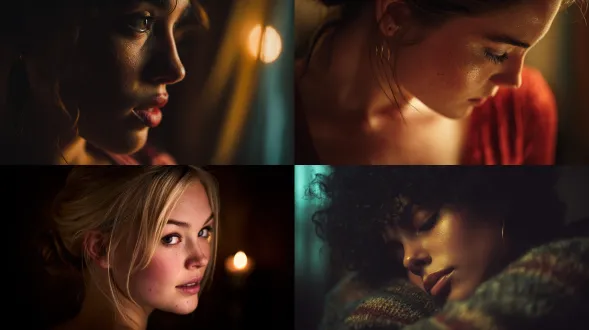 a beauty portrait lit like candlelight on velvet, warm highlights whispering along the cheek, soft shadow falloff creating emotional intimacy 85mm f/1.2, canon r5 + 85mm f/1.2, cinematic pastel diffusion