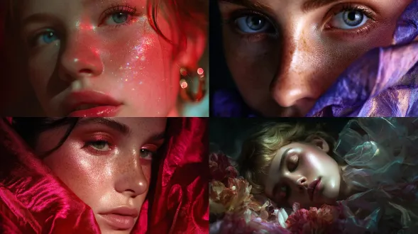 a beauty portrait lit entirely by reflections bouncing off folded silk fabrics, skin shimmering with unexpected chromatic poetry, luminous and surreal, 85mm f/1.2