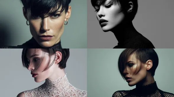 一张用85毫米镜头在f/4光圈、1/200秒快门下拍摄的鲜明特写肖像，捕捉到一个姿态优雅的人物形象，着重突出了棱角分明的颧骨线条、哑光深色的嘴唇，以及造型感十足的短发——额头前有一缕精致光亮的发丝整齐地将其分开。相机右上方高位的5600k冷调主光，在下巴轮廓和颈部刻画出清晰的阴影，而微弱的补光则保留了强烈的对比度，凸显出细腻皮肤纹理中的微小细节，以及带有精致编织纹样的高领衣物。背景是无缝的浅灰色，配合大景深效果，在一个简洁的构图中突出了人物的脸部和颈部。整体氛围严肃、未来感、极简且极具高级时尚感，淡淡的颗粒感和细微的边缘光晕营造出一种精致的编辑风格氛围。阴影如石墨般深邃，中间调似柔和的石板灰，高光处泛着珍珠般的柔和光泽，肤色冷冽且富有雕塑感，饱和度极低，对比度偏低调，氛围静谧而内省，光线呈昏暗的阴天效果，质感为带颗粒的哑光，色调曲线柔和平缓。