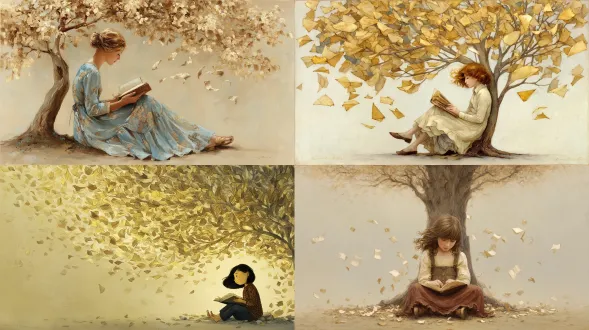 女孩坐在树下，树叶是翻动的纸页，风轻轻掀起。采用卡洛塔·弗赖尔风格绘制，构图平衡、光线温暖、细节柔美，富有阅读与自然融合的意象。