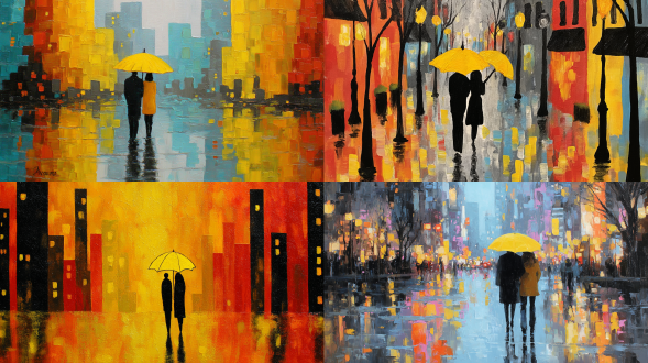 两个人共撑一把黄色雨伞，漫步在雨中的城市街道。地面映出斑驳灯光，画面温馨。卡洛塔·弗赖尔风格的明快色彩与留白表达出都市中的浪漫。