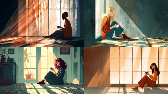 一个年轻女子坐在窗边喝咖啡，阳光在地板上留下几何形的光影。画风简洁，色调温暖，展现静谧的早晨时光。