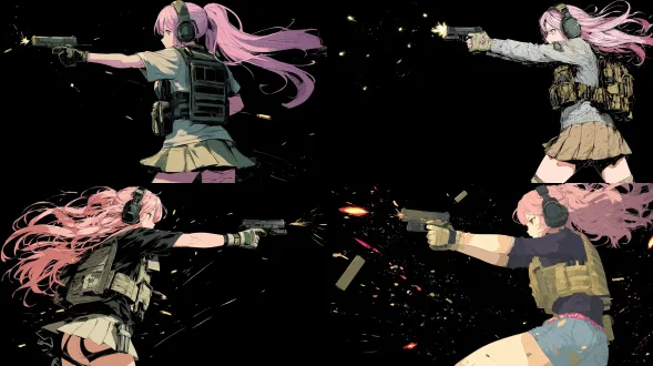 战术少女，粉色长发，侧身站立向左射击，手持格洛克，战术耳机，穿戴战术装备和防弹背心，安全短裤，中长百褶裙，动画风格，可爱女生，正交侧视，头发向后飘动，全身像，日式动漫风格，赛璐珞着色，动态姿势，高对比度，暗色调背景，广角镜头，侧光，子弹火花，冷色调，战斗紧张感