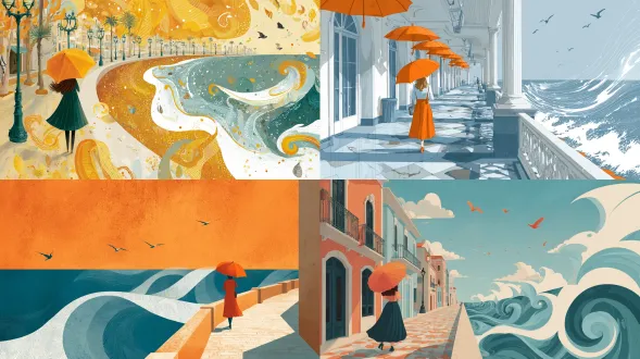 一个女孩撑着橙色雨伞，在海边长廊上漫步。白色的波浪线条化作图形化装饰，几只鸟从远方划过。整个画面以卡洛塔·弗赖尔风格绘制，色调轻柔明亮，构图干净，富有文艺气息。