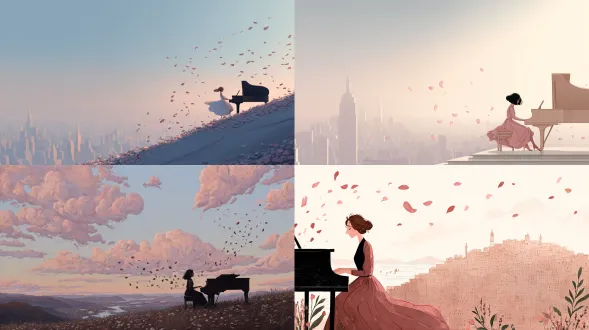 一个女人在山丘上弹着钢琴，俯瞰柔和色彩的城市。微风拂过，花瓣形状的音符漂浮在空中。画面呈现出卡洛塔·弗赖尔风格，色彩轻盈、极简构图，带有《纽约客》杂志式的宁静优雅。