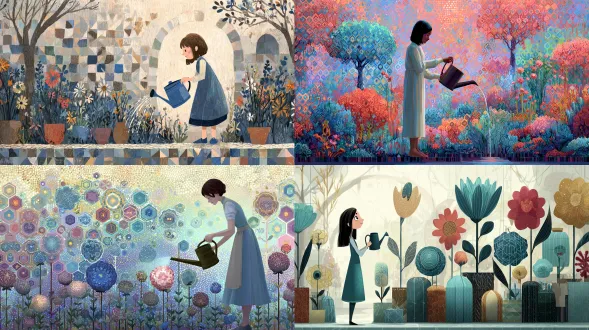 一个女孩在花园中浇花，花朵绽放成彩色几何图案。温和光线与点状纹理让画面充满梦境气息。