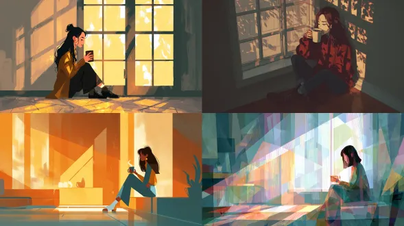 一个年轻女子坐在窗边喝咖啡，阳光在地板上留下几何形的光影。画风简洁，色调温暖，展现静谧的早晨时光。