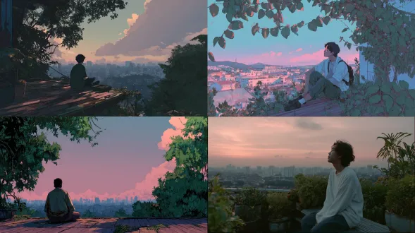 "一个人坐在城市屋顶上，周围摆满绿色植物，远眺柔和色彩的天际线，对角线构图，低饱和度色调，广角镜头，黄昏光线，逆光剪影，微风拂动树叶，木质地板，沉思表情，简约衣着，城市轮廓模糊，宁静氛围，留白空间，35mm胶片质感，柔和阴影，淡蓝粉天色。"