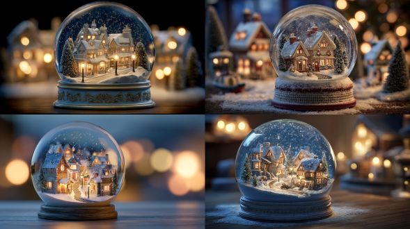 a snow globe with an intricate village inside, street lights glowing softly around the cozy houses, creating a magical and serene atmosphere, rendered in high resolution for crisp details, capturing every detail of its interior scene. product photography