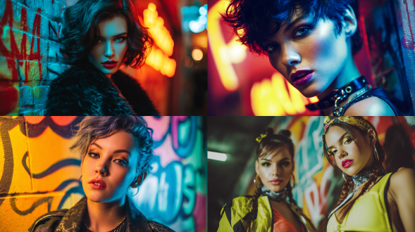 艳丽妆容时尚发型女性，彩绘墙壁霓虹灯背景，城市街头艺术风，高饱和度色彩，明暗对比强烈，广角镜头，低角度拍摄，柔焦效果，动态光影，大胆构图，现代时尚感，自信表情，鲜艳唇色，夸张眼妆，前卫发型，街头文化元素，活力四射，都市夜晚氛围