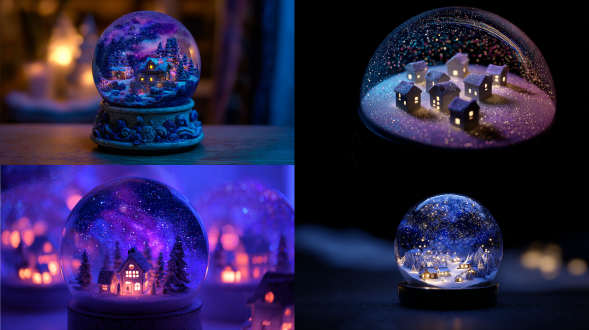 snowglobe that contains an entire night sky, tiny houses illuminated by inner auroras, drifting star-snow patterns, cosmic winter fusion