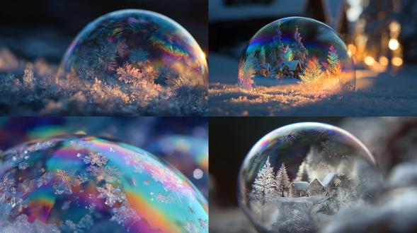 village inside a frozen soap bubble, its rainbow-sheen surface warping reflections, snowflakes huge and slow like suspended galaxies, macro surreal focus