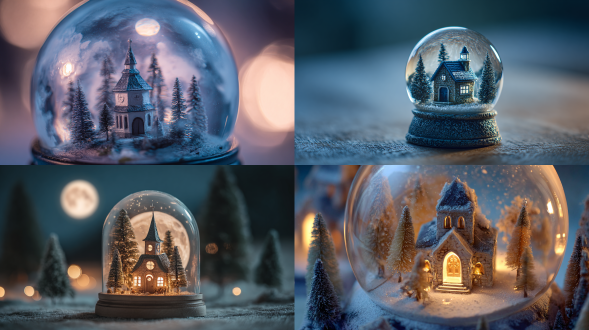 miniature alpine chapel inside frosted globe, moonlit sky painted on inner glass, delicate pine silhouettes, cinematic top-down view, tilt-shift photography