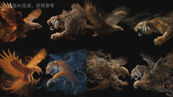 凤凰与老虎搏斗，动态构图，戏剧性光线，羽毛皮毛超精细，力量感动作，强烈表情，解剖精准，高对比度阴影，全背纹身线条，凤凰火焰逼真，老虎肌肉自然，深色烟雾背景，精细艺术插画，照片写实，高分辨率，纹身友好线条与阴影