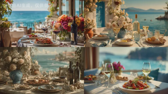 优雅的用餐场景，地中海风格餐桌布置，精致鲜花装饰，美味海鲜与葡萄酒，背景是蔚蓝海景，写实风格，柔和自然光，浅景深，85mm镜头，温暖色调，慵懒惬意氛围，意大利音乐元素隐约可见